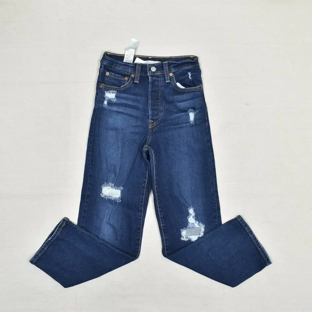 Levi's Women Jeans Cotton Blue Size 24 Ribcage Straight Ankle Denim Button Fly - Picture 2 of 8